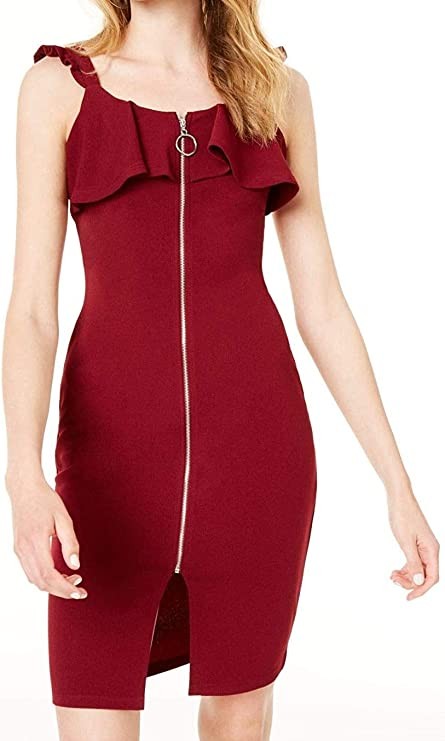 Almost Famous Women's Ruffle Front Zip Dress, Burgundy, Size XS