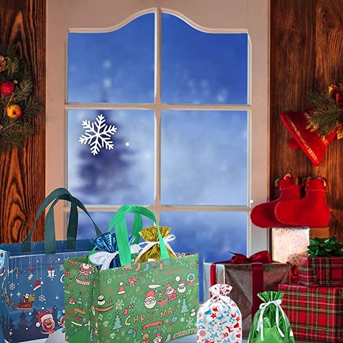 DOJoykey 12pcs Large Christmas Tote Bags with Handle, Reusable Christmas Gift Bags Shopping Bag Wrapping Bag Xmas Holiday Party Decoration